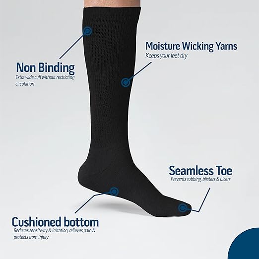 Over The Calf Diabetic Socks! Sizes 10-13 - Black 2 Pack (Black)