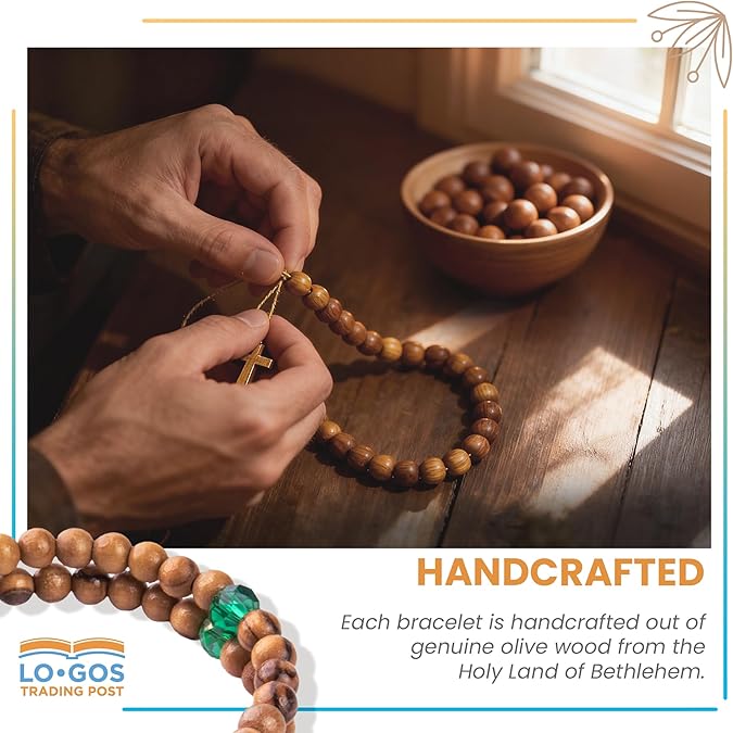 Helix Stretch Wrap Bracelet with Olive Wood and Pink Beads, Inline Cross and Crucifix Dangle in Velvet Box