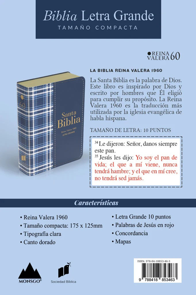 Biblia RVR 1960 Compacta Símil Piel Cuadros Azul Marino Oscuro - Spanish