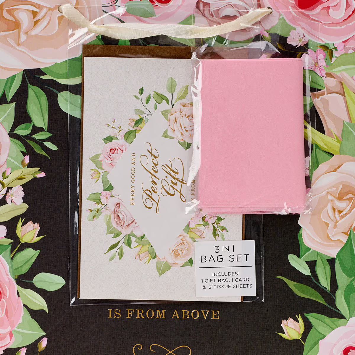 Perfect Gift Pink Rose Large Portrait Gift Bag with Card Set