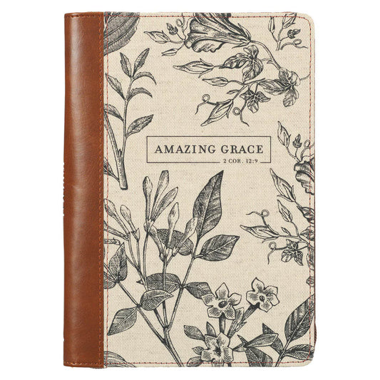 Amazing Grace Natural Canvas and Honey-brown Faux Leather Journal with Zipper Closure
