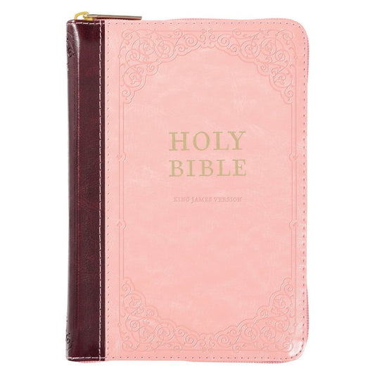 Burgundy and Pink Floral Faux Leather Compact KJV Bible with Zippered Closure