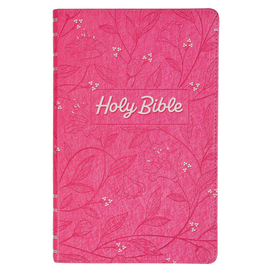 Pink Bible cover with floral patterns and 'Holy Bible' text on a white background