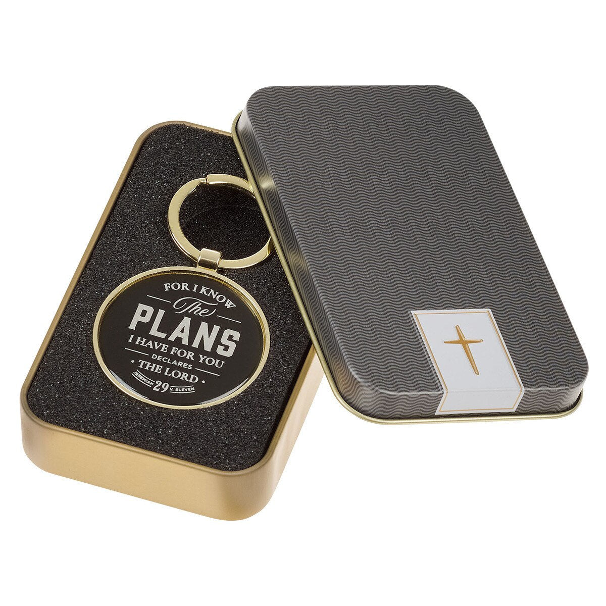 Plans Black Metal Keychain in Gift Tin - Jeremiah 29:1