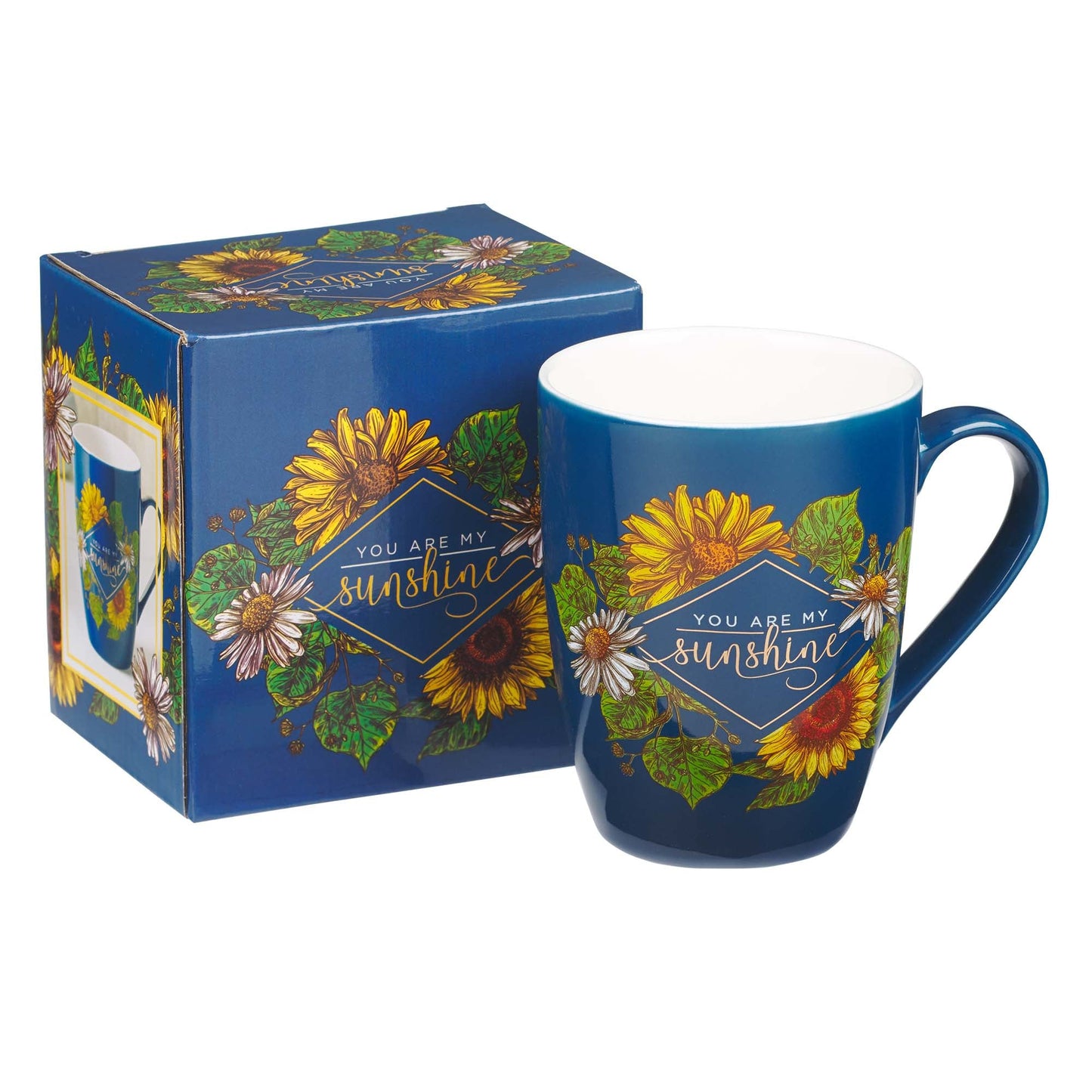 With Love Inspirational Coffee Mug for Women, You are My Sunshine Navy Blue/Sunflowers Gold Lettering Motivational Coffee/Tea Cup for Her Birthday, Mother's Day, 12oz Ceramic