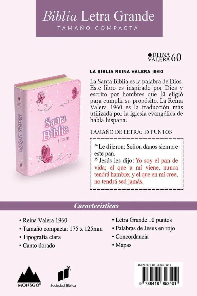 Biblia RVR 1960 Compacta Símil Piel Juvenil Mariposa Rosada (Bible RVR 1960 Compact Size LeatherLike Youth Pink Butterfly (Spanish Edition)