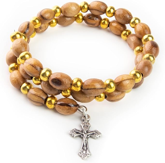 Helix Stretch Wrap Bracelet with Alternating Olive Wood and Gold Beads and Crucifix Dangle in Velvet Box