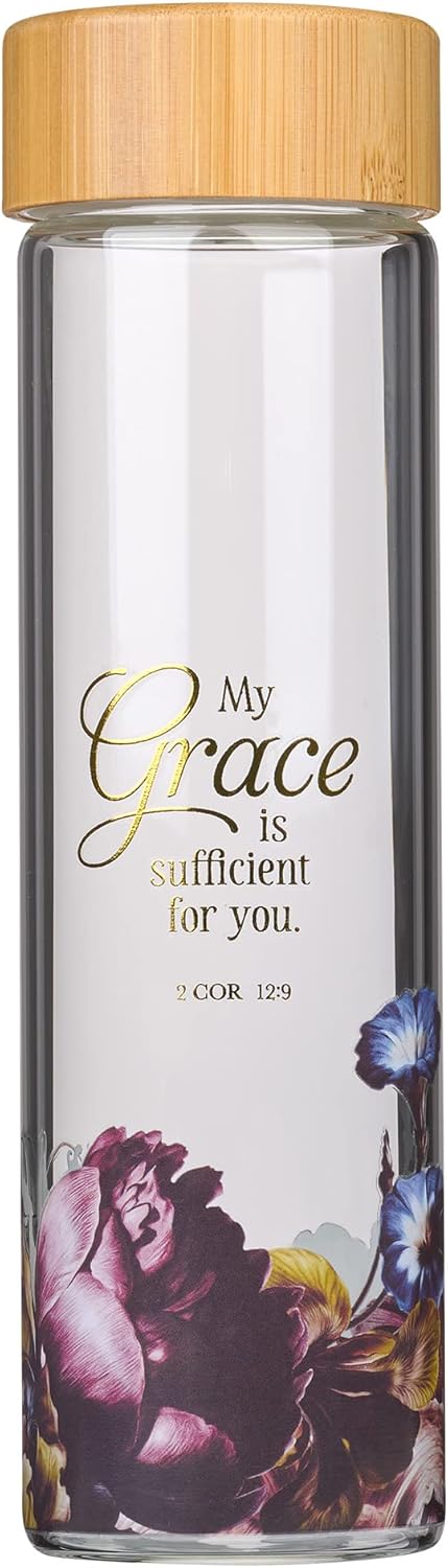 My Grace is Sufficient for You - 2 Corinthians 12:9 - Reusable Glass Water Bottle with Bamboo Twist Cap Lid and Insulating Sleeve 17 oz. Water Bottle for Travel and Cold Beverages