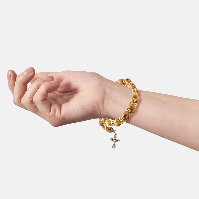 Helix Stretch Wrap Bracelet with Alternating Olive Wood and Gold Beads and Crucifix Dangle in Velvet Box
