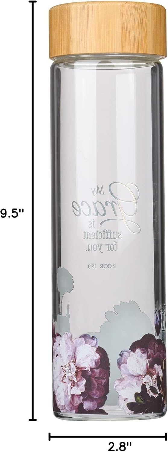 My Grace is Sufficient for You - 2 Corinthians 12:9 - Reusable Glass Water Bottle with Bamboo Twist Cap Lid and Insulating Sleeve 17 oz. Water Bottle for Travel and Cold Beverages