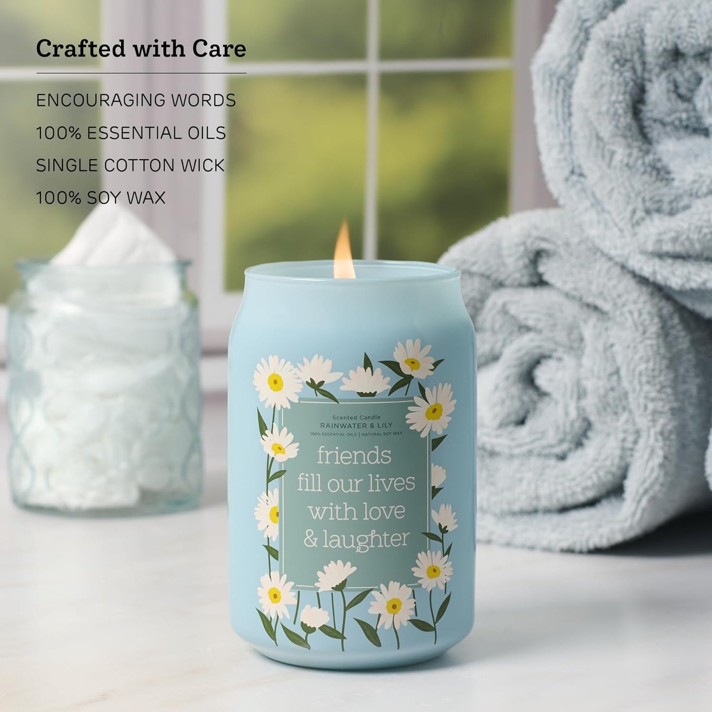 Love and Laughter Rainwater and Lily Scented Candle in Glass Jar
