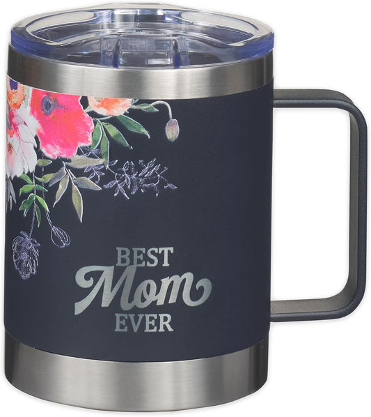 Stainless Steel Double Wall Vacuum Insulated Camp Style Travel Mug 11 oz Dark Navy Blue with Pink Floral Tumbler Mom - Best Mom Ever