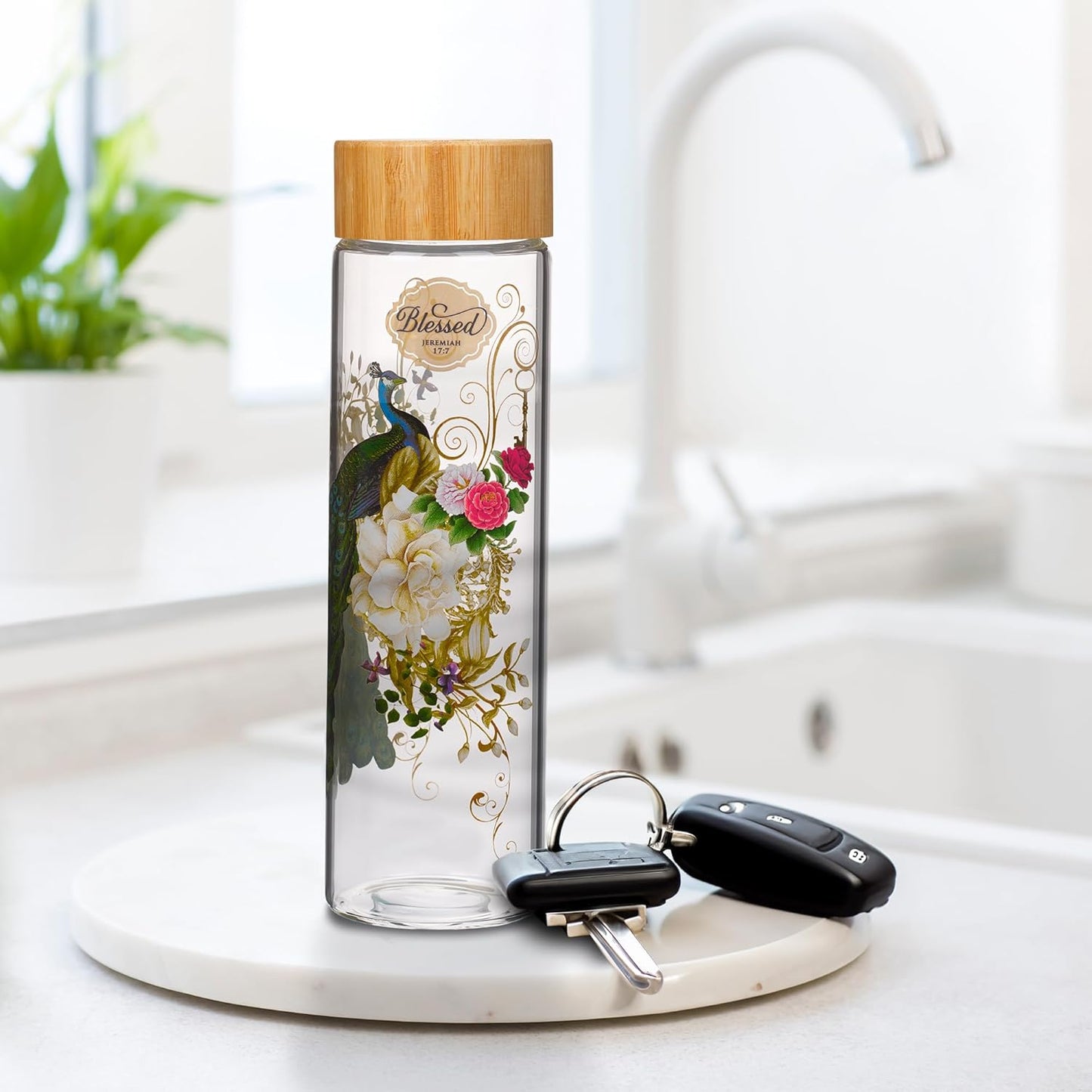 Blessed Blue Peacock Glass Water Bottle - Jeremiah 17:7