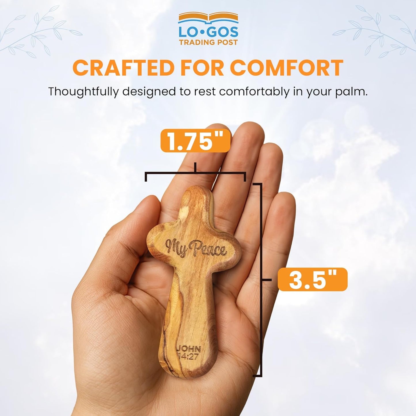 Laser Engraved Olive Wood Comfort Cross, My Peace, John 14:27