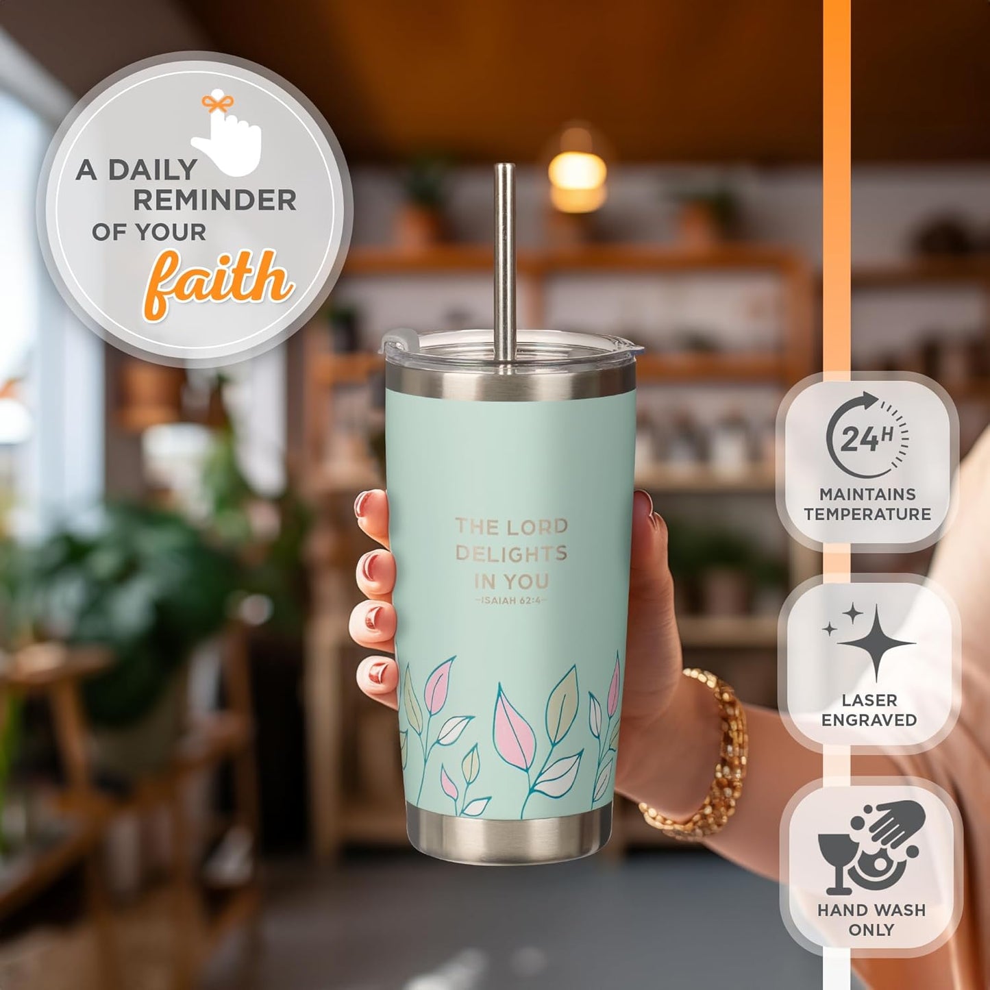 Forever My Friend Green Stainless Steel Travel Tumbler with Straw - Isaiah 62:4