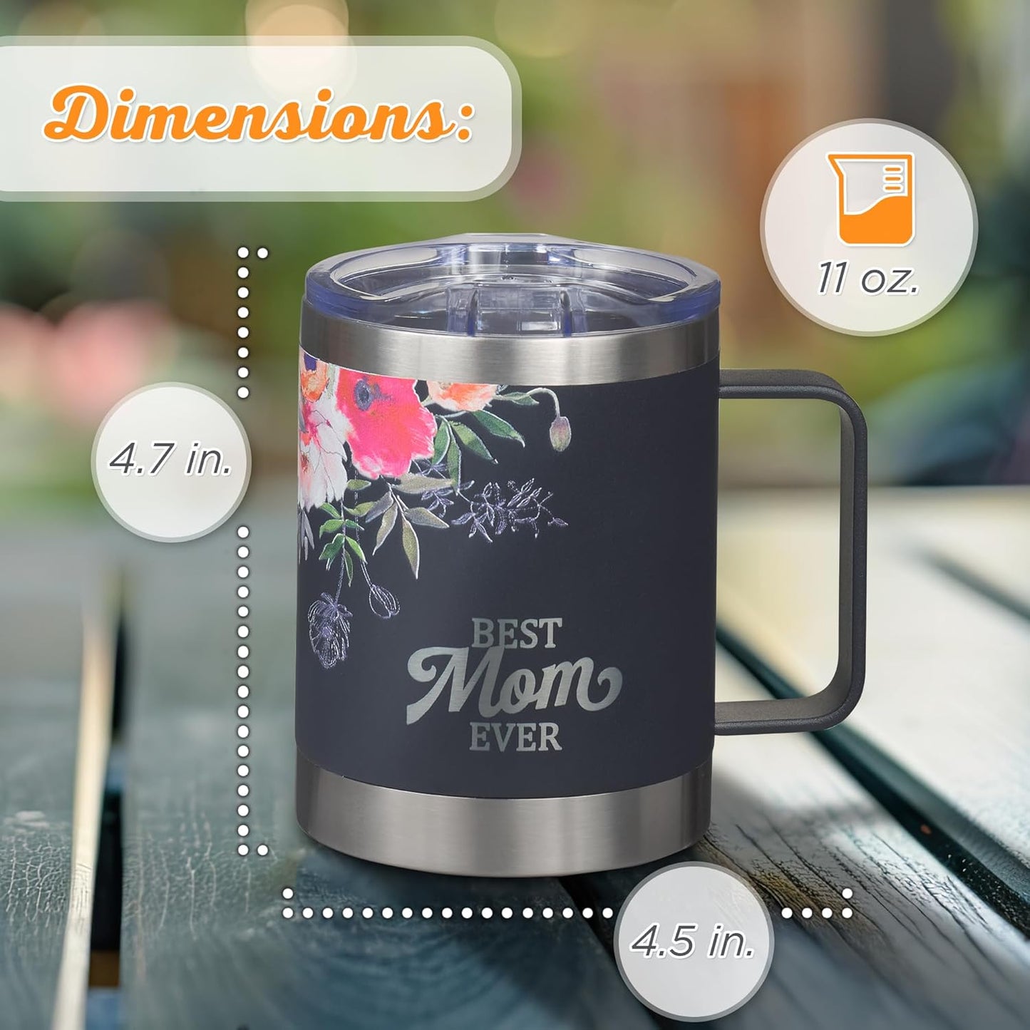 Stainless Steel Double Wall Vacuum Insulated Camp Style Travel Mug 11 oz Dark Navy Blue with Pink Floral Tumbler Mom - Best Mom Ever