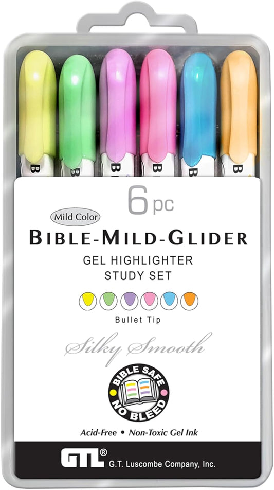 G.T. Luscombe Company, Inc. Bible Mild-Glider Gel Highlighter, Bible Study, No Bleed Solid, No Smearing or Fading, Long Lasting, Translucent Dry Marker, Assorted Colors 6 Piece Set