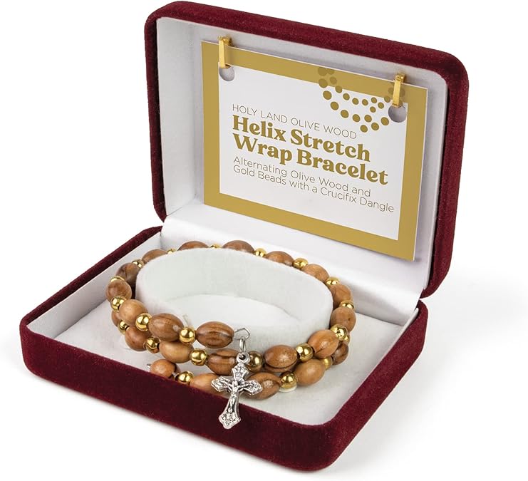 Helix Stretch Wrap Bracelet with Alternating Olive Wood and Gold Beads and Crucifix Dangle in Velvet Box