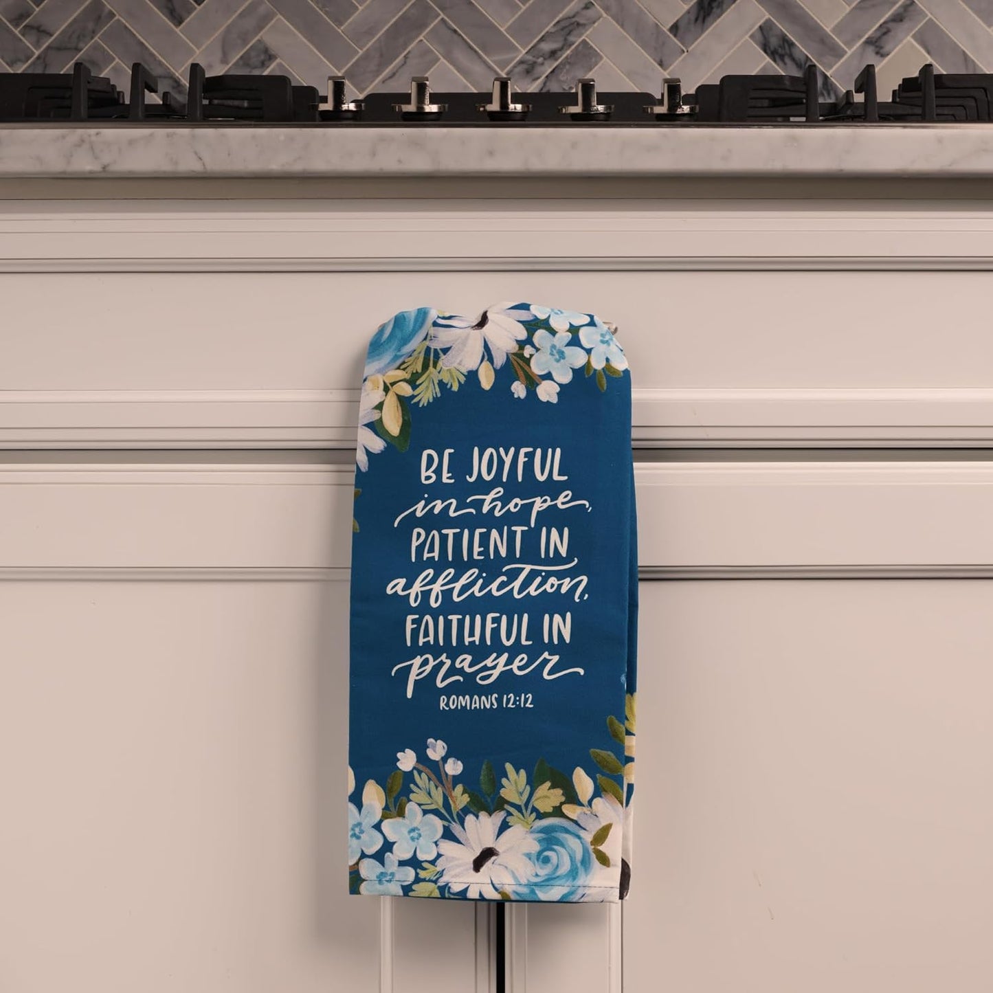 Be Joyful Blue Floral Cotton Tea Towel - Romans 12:12