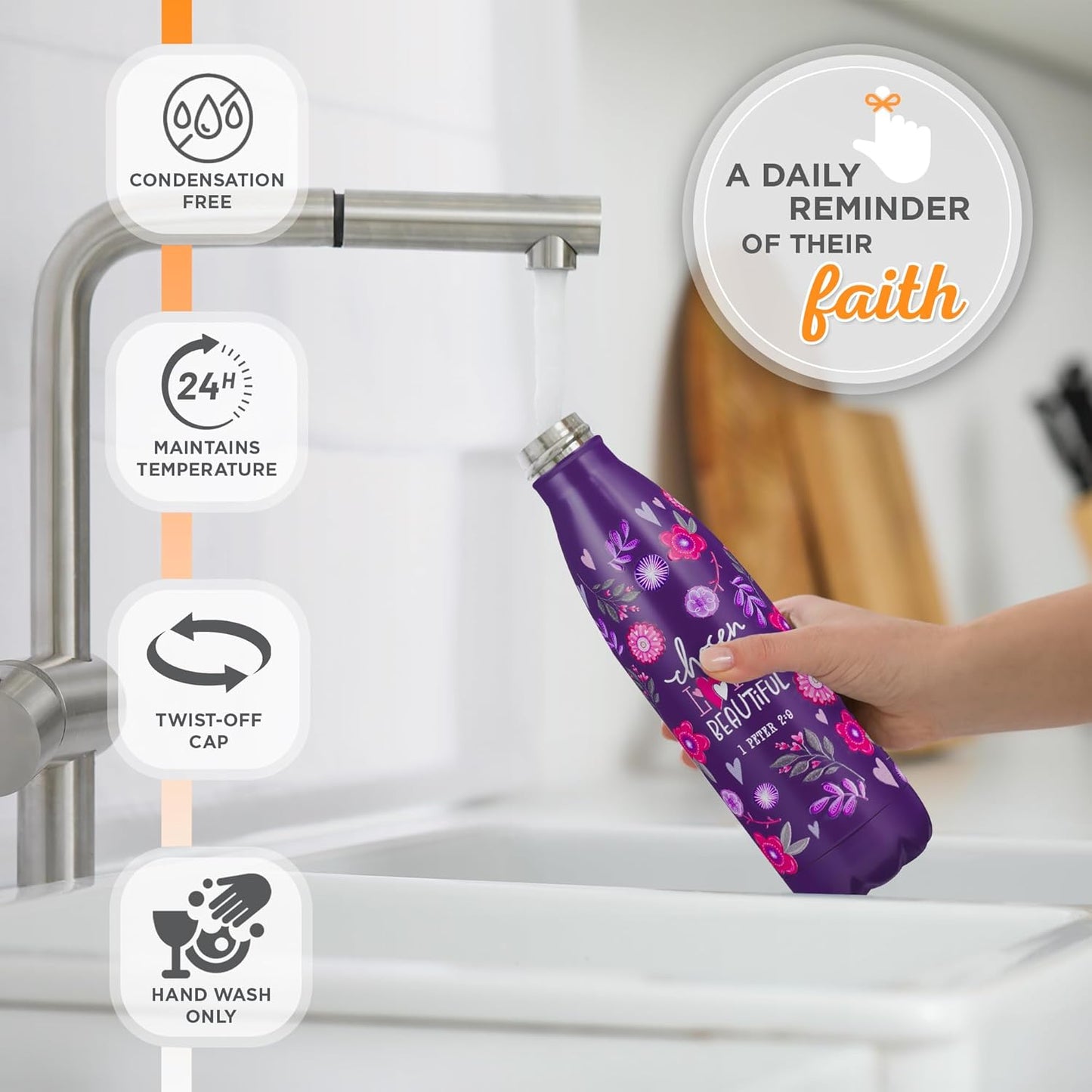 Chosen Loved Beautiful Purple Stainless Steel Water Bottle - 1 Peter 2:9