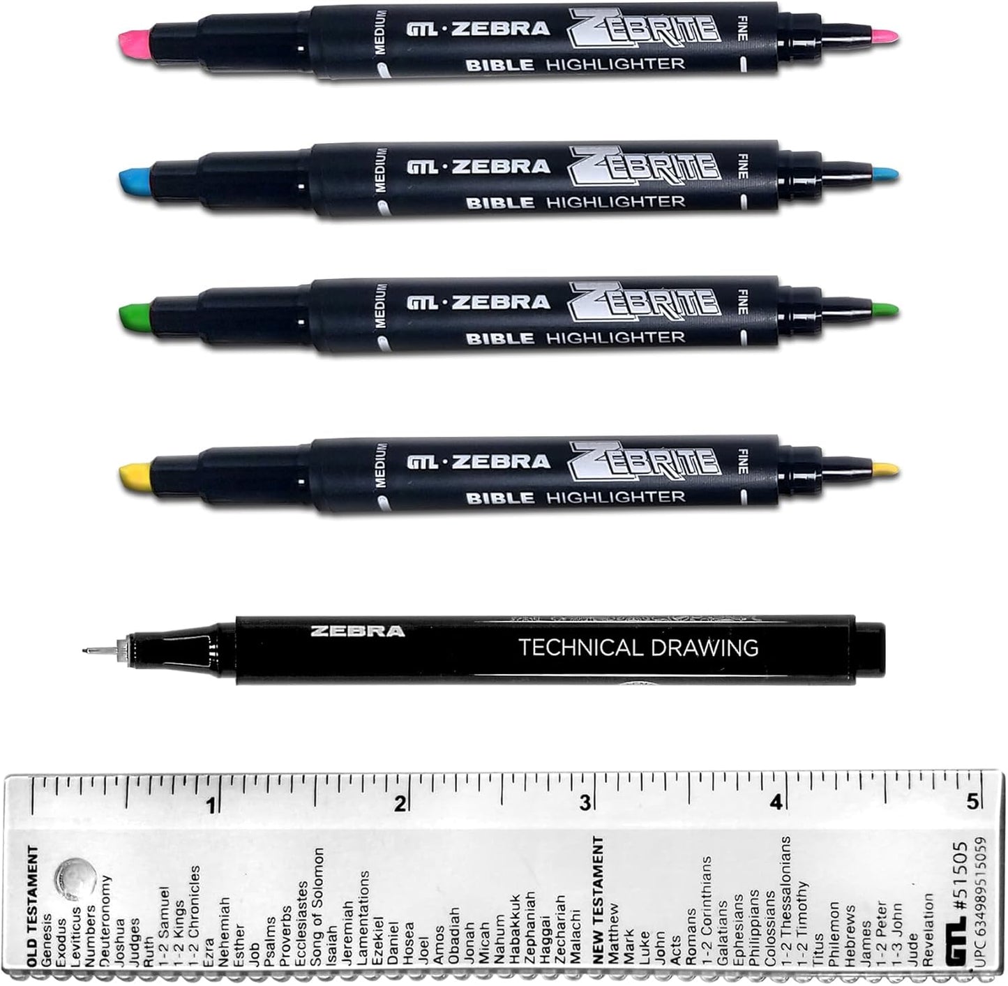 G.T. Luscombe Company, Inc. Zebrite Bible Marking Kit | No Bleed Pigmented Ink | No Fading or Smearing | Double Ended Highlighters, Note Pen & Books of the Bible Ruler/Bookmark (Set of 5 + Ruler)