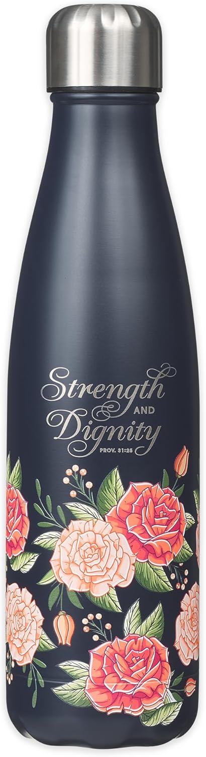 Strength and Dignity Pink Rose Stainless Steel Water Bottle - Proverbs 31:25