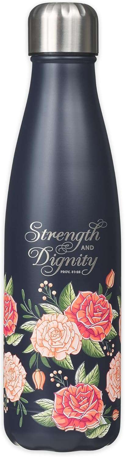 Strength and Dignity Pink Rose Stainless Steel Water Bottle - Proverbs 31:25