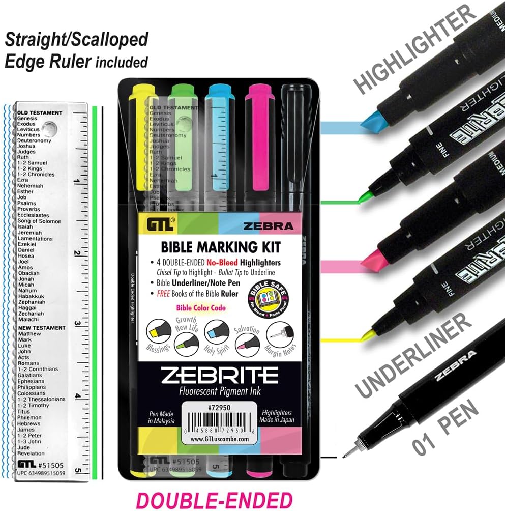G.T. Luscombe Company, Inc. Zebrite Bible Marking Kit | No Bleed Pigmented Ink | No Fading or Smearing | Double Ended Highlighters, Note Pen & Books of the Bible Ruler/Bookmark (Set of 5 + Ruler)