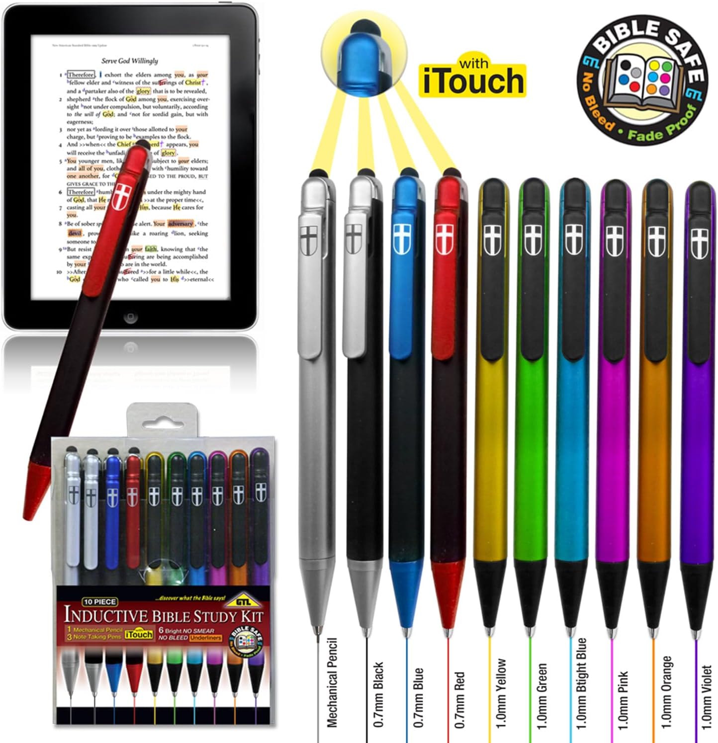 G.T. Luscombe Company, Inc. 10 Piece Inductive Bible Study Pen/Pencil Set | No Smearing or Fading | Cross Imprint | No Bleed Pigmented Ink Black, Blue, Red, Yellow, Green, Pink, Orange, Violet