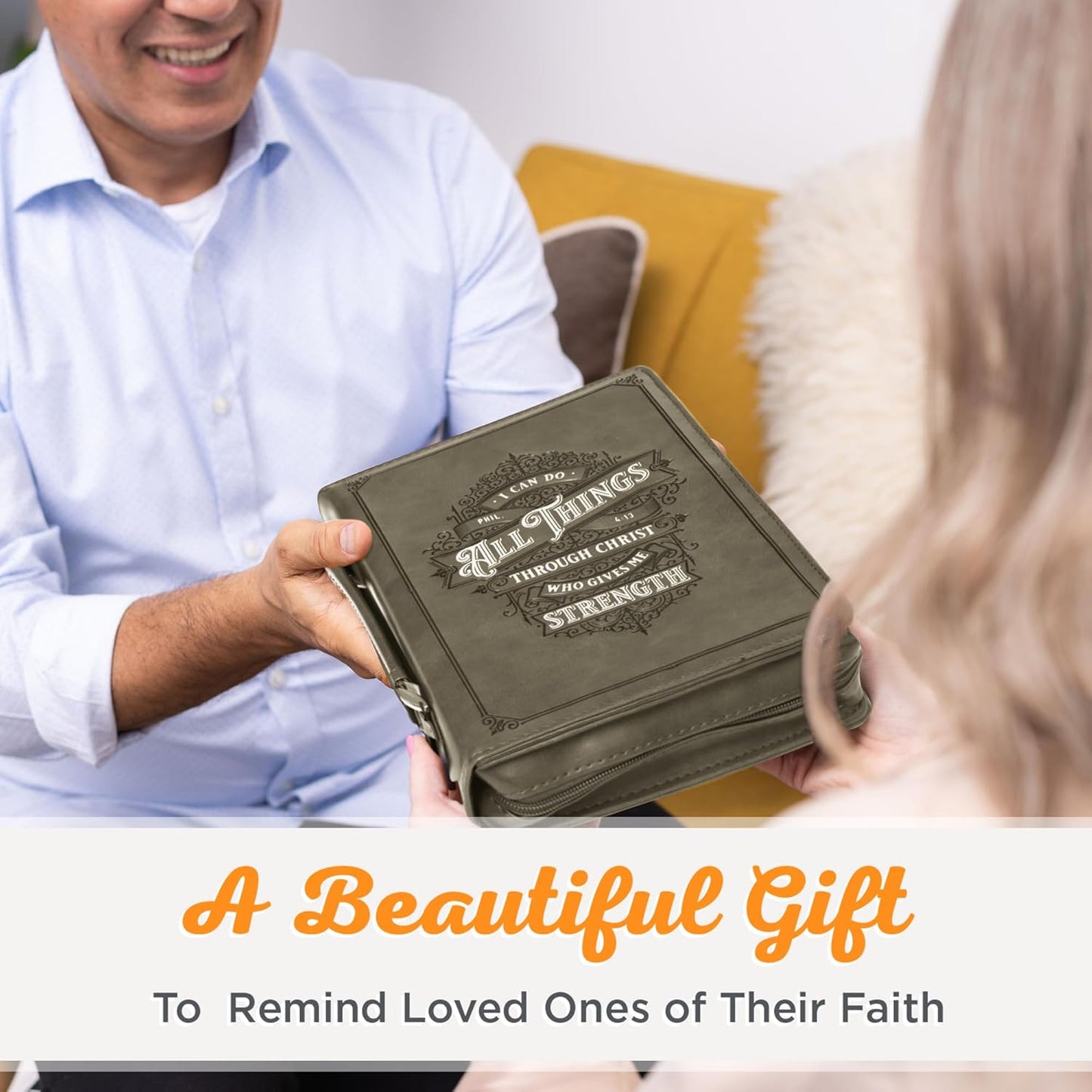 Bible Cover - All Things Through Christ - Philippians 4:13 Bible Verse with Zipper and Pocket, M