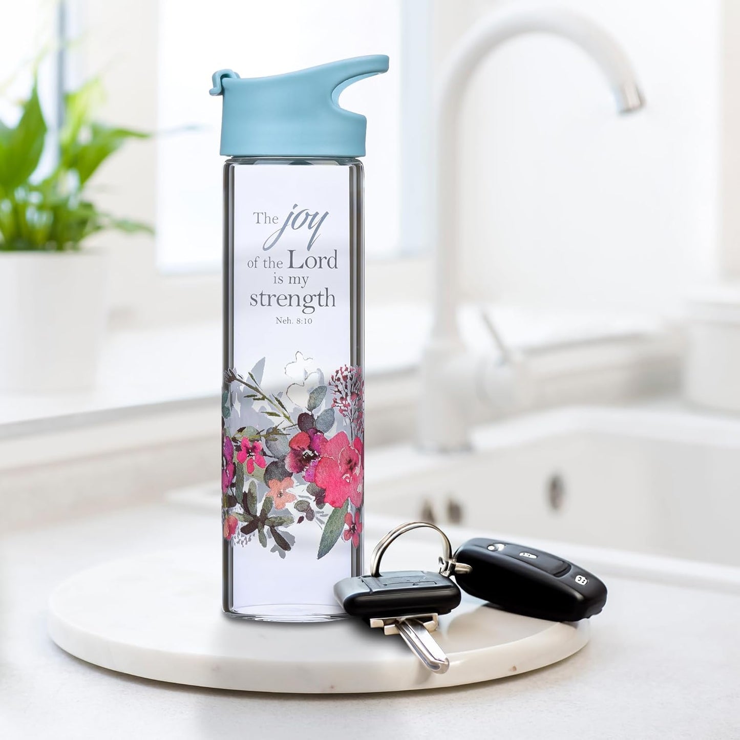 Blue The Joy of the Lord Glass Water Bottle - Nehemiah 8:10