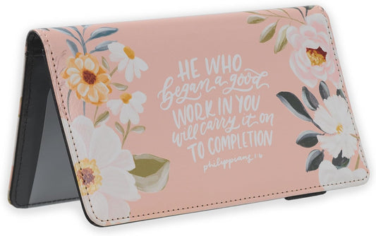A Good Work Peach Floral Faux Leather Checkbook Wallet - Philippians 1:6