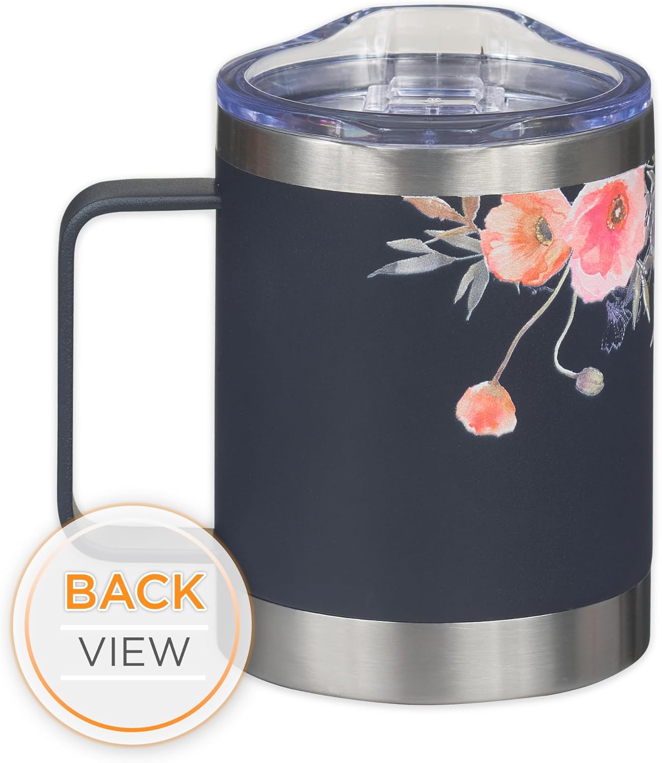 Stainless Steel Double Wall Vacuum Insulated Camp Style Travel Mug 11 oz Dark Navy Blue with Pink Floral Tumbler Mom - Best Mom Ever