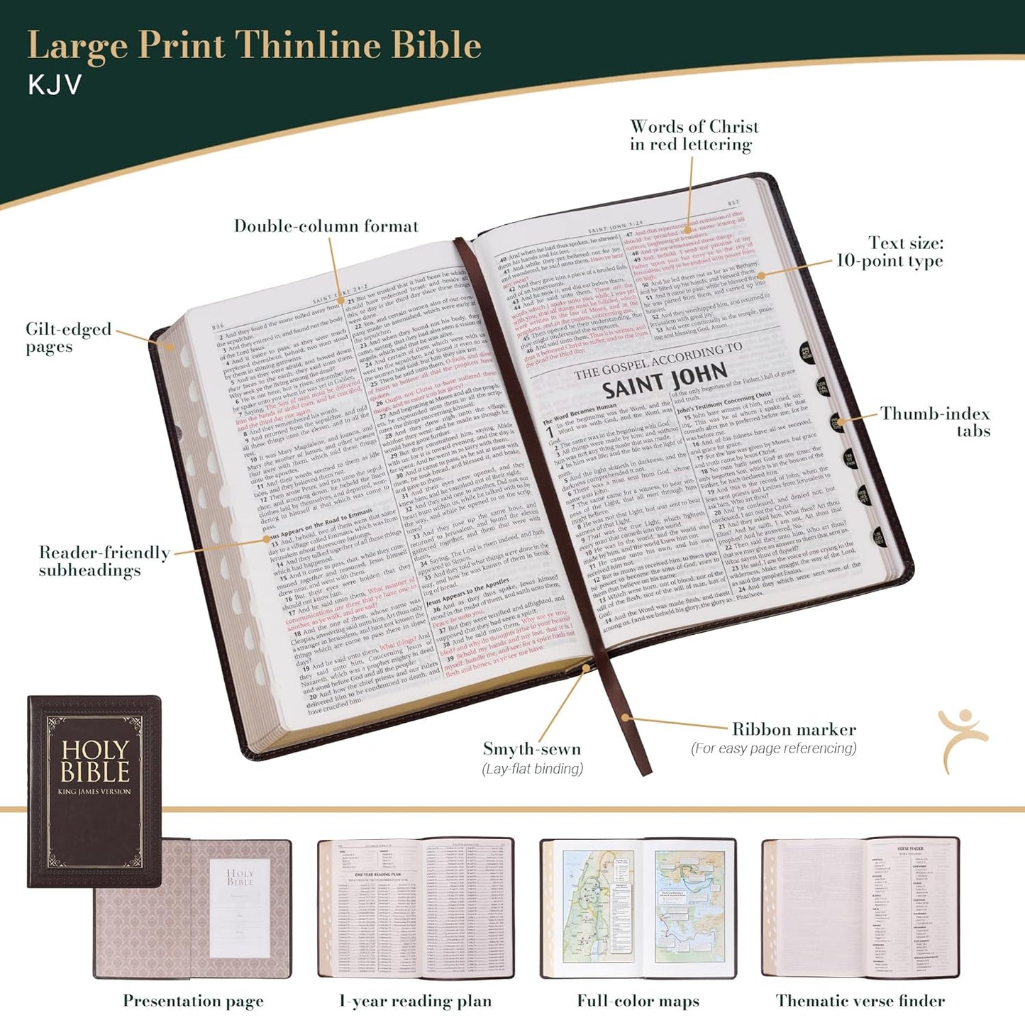 Dark Brown Faux Leather Large Print Thinline King James Version Bible with Thumb Index