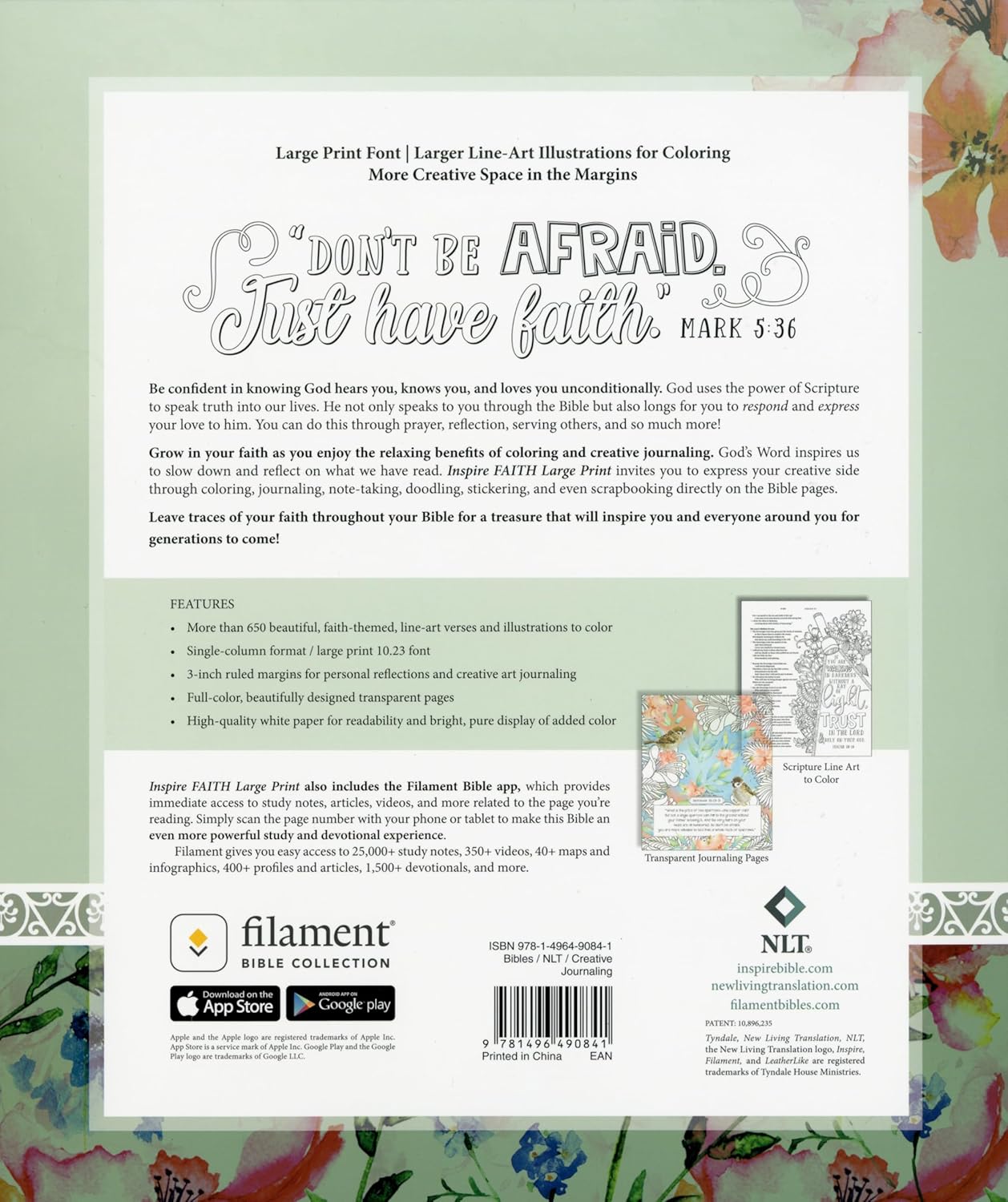 Inspire FAITH Bible Large Print NLT, Filament Enabled The Bible for Coloring & Creative Journaling