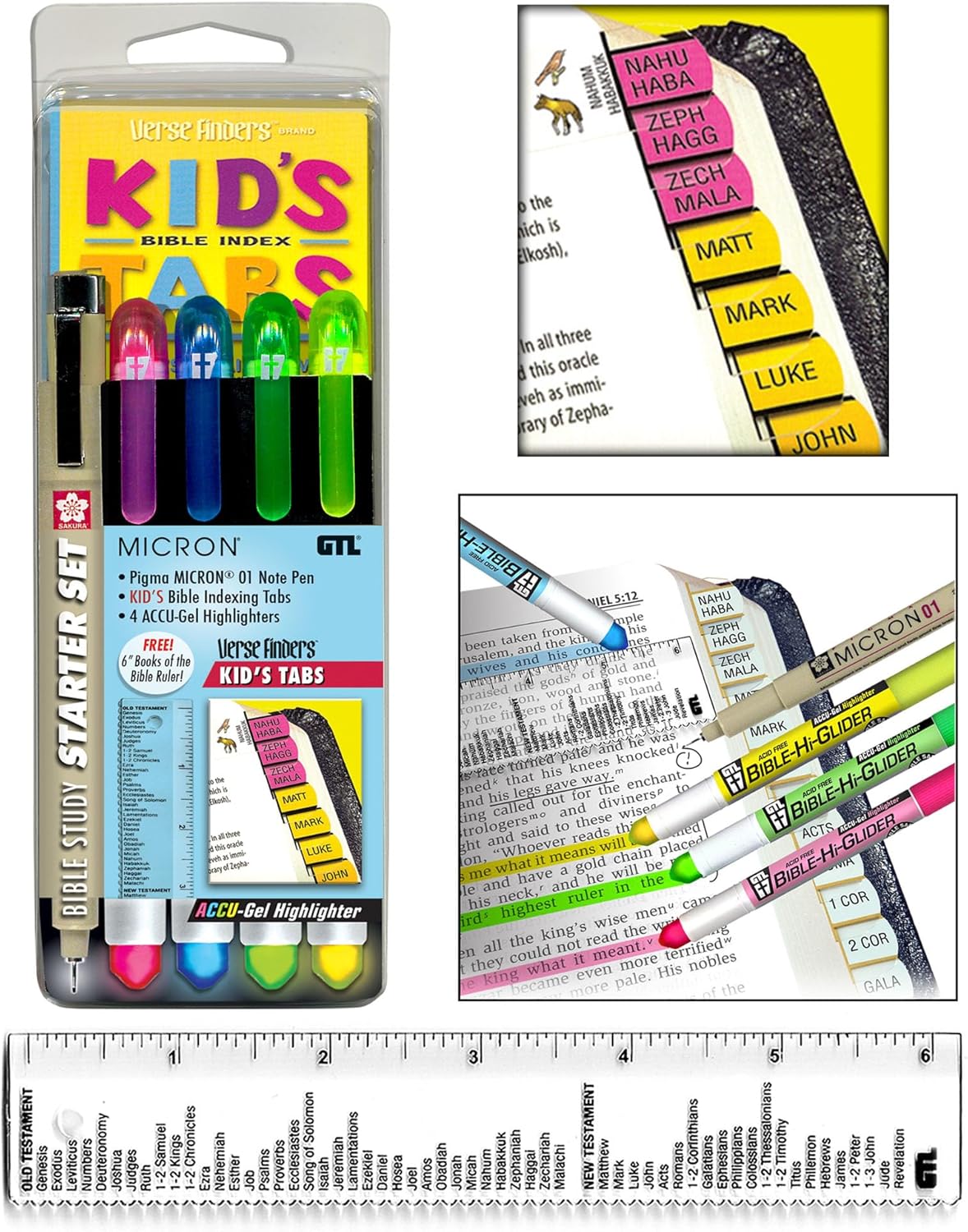Accu-Gel Bible Highlighter, Pigma Micron Bible Study Starter Set – Kid's Rainbow Verse Finder Bible Tabs  (Stationary)