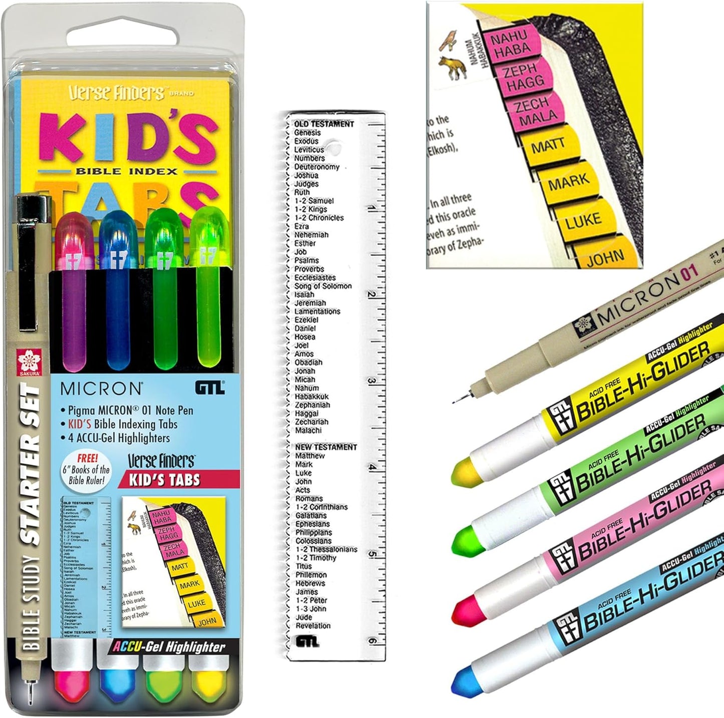 Accu-Gel Bible Highlighter, Pigma Micron Bible Study Starter Set – Kid's Rainbow Verse Finder Bible Tabs  (Stationary)