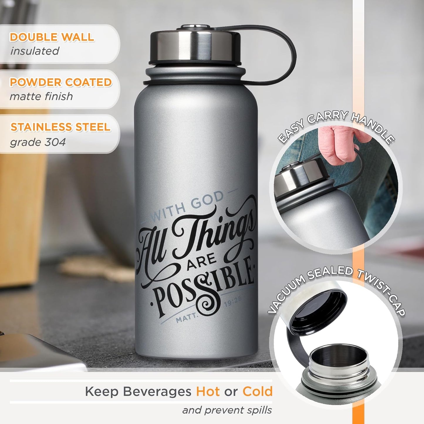Things Are Possible Silver Stainless Steel Water Bottle - Matthew 19:26