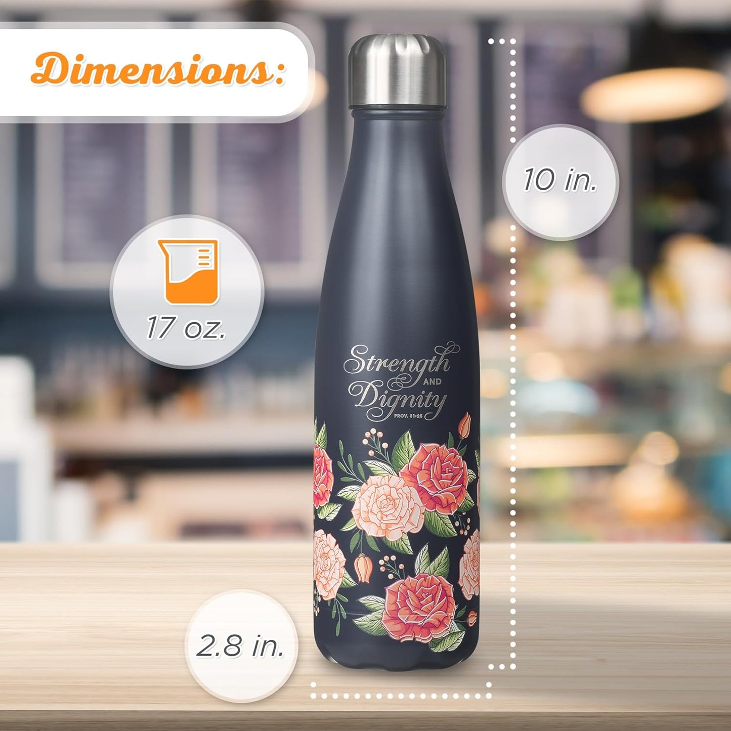 Strength and Dignity Pink Rose Stainless Steel Water Bottle - Proverbs 31:25