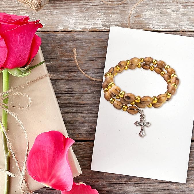 Helix Stretch Wrap Bracelet with Alternating Olive Wood and Gold Beads and Crucifix Dangle in Velvet Box