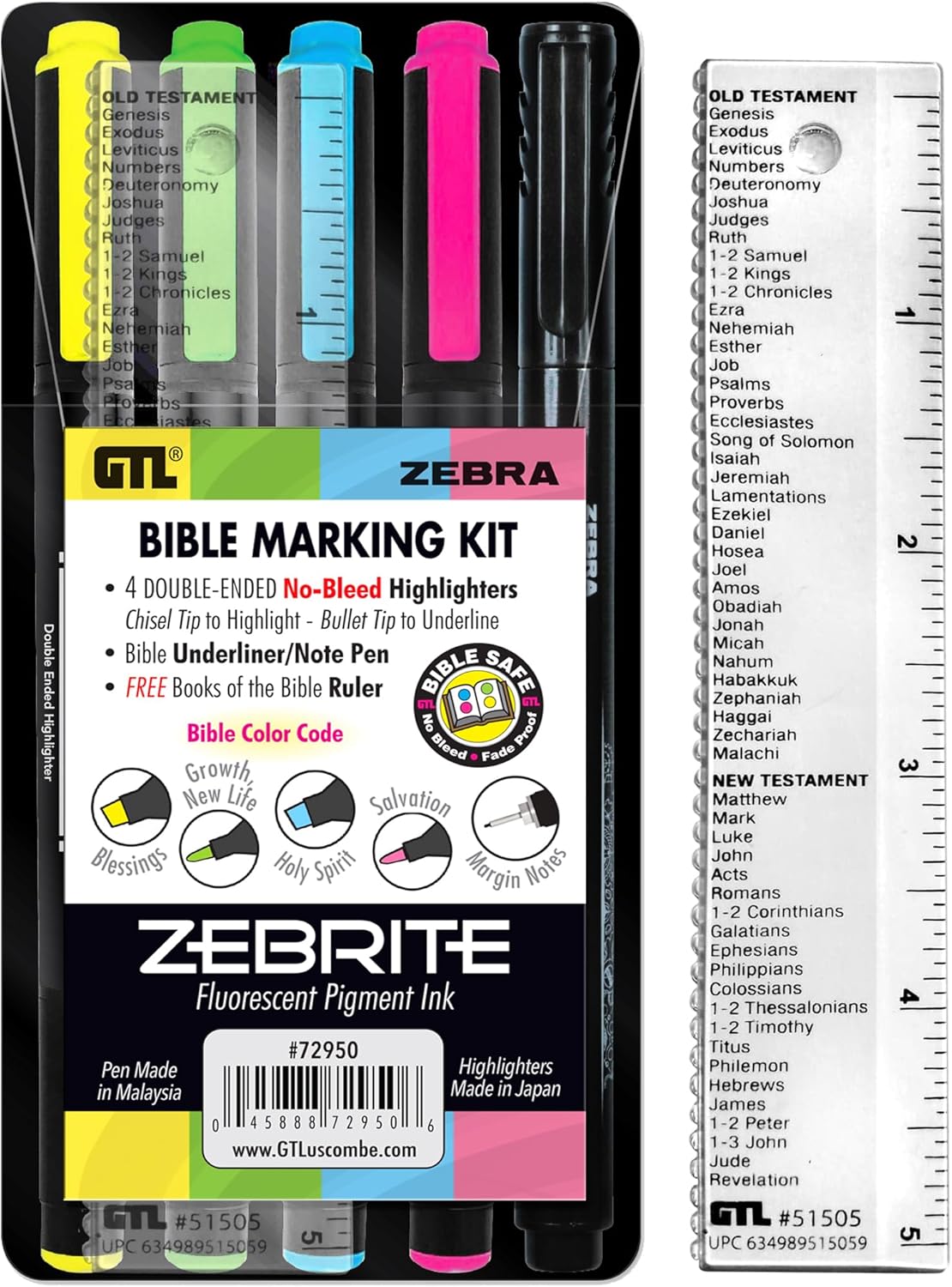 G.T. Luscombe Company, Inc. Zebrite Bible Marking Kit | No Bleed Pigmented Ink | No Fading or Smearing | Double Ended Highlighters, Note Pen & Books of the Bible Ruler/Bookmark (Set of 5 + Ruler)