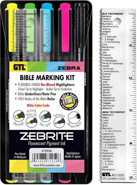 G.T. Luscombe Company, Inc. Zebrite Bible Marking Kit | No Bleed Pigmented Ink | No Fading or Smearing | Double Ended Highlighters, Note Pen & Books of the Bible Ruler/Bookmark (Set of 5 + Ruler)
