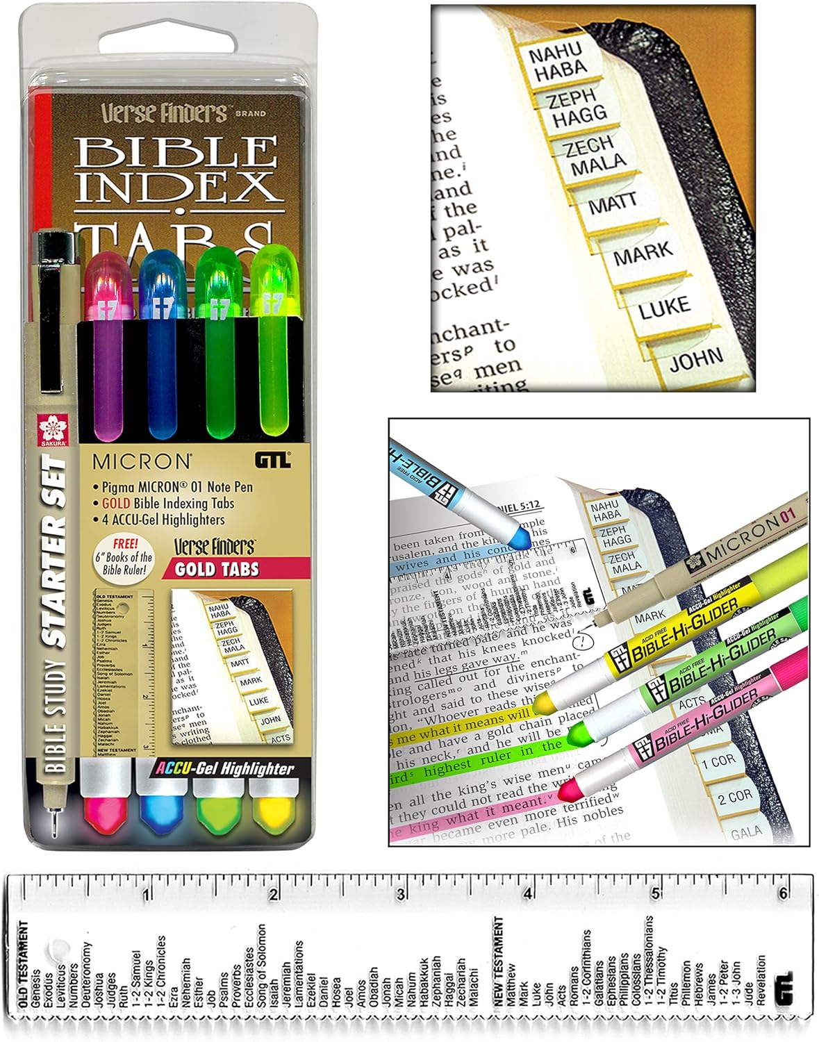 Accu-Gel & Pigma Micron Bible Study Starter Sets with Gold Verse Finder Bible Tabs