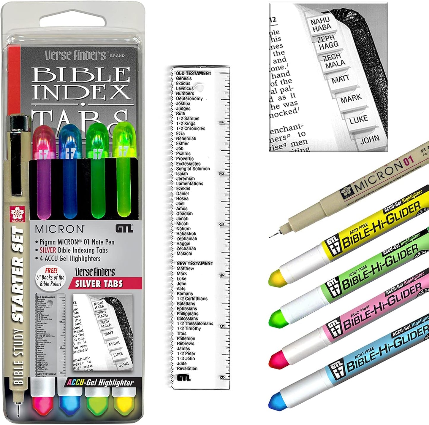 Accu-Gel & Pigma Micron Bible Study Starter Sets with Silver Verse Finder Bible Tabs