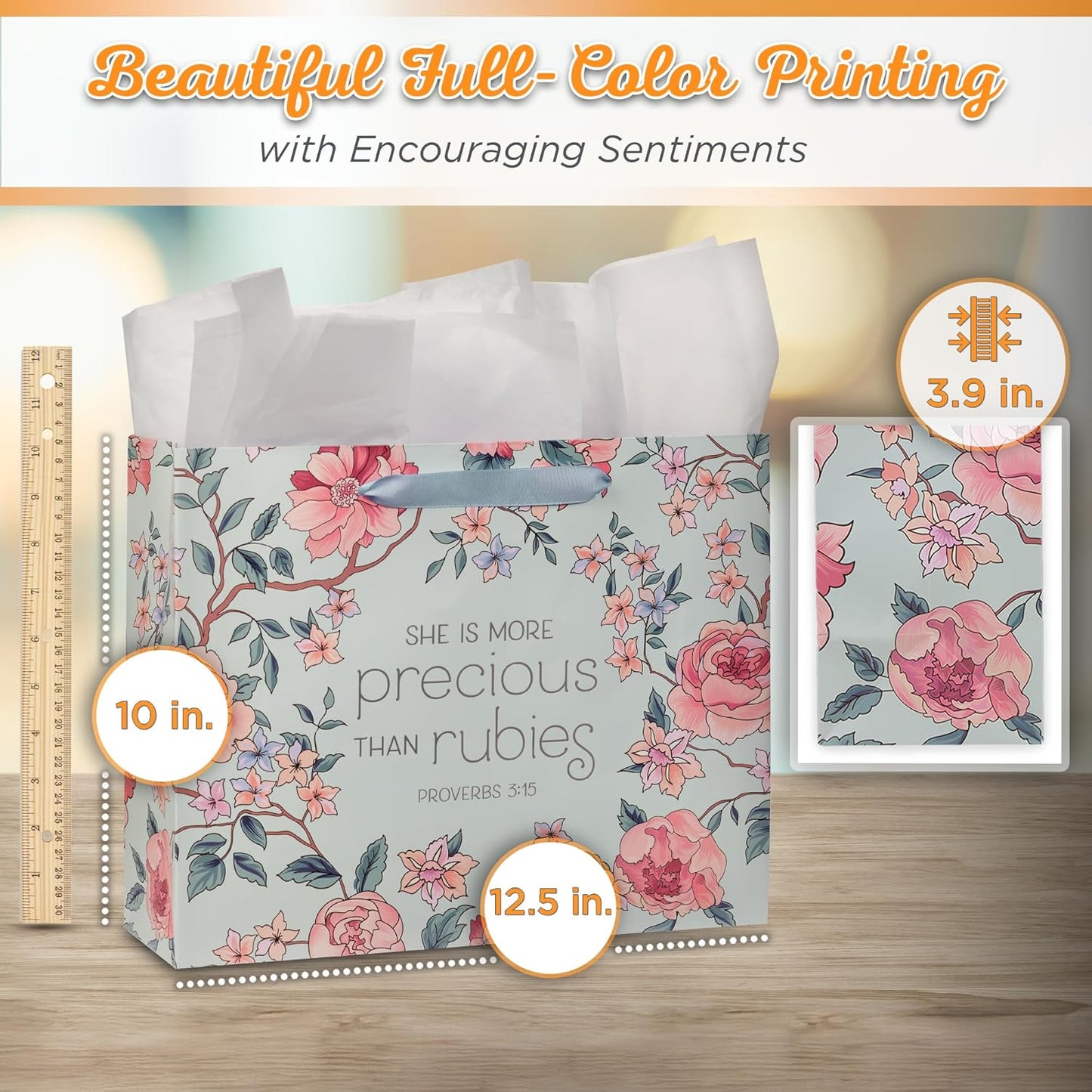 More Precious Than Rubies Pink Floral Large Landscape Bag with Card - Proverbs 5:13