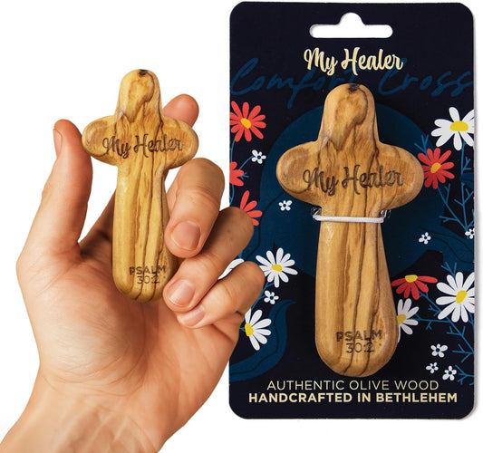 Laser Engraved Olive Wood Comfort Cross, My Healer, Psalm 30:2
