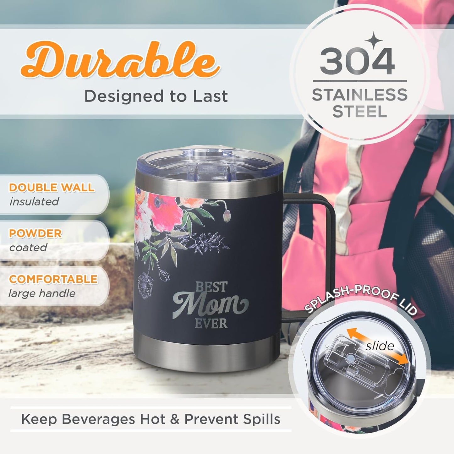 Stainless Steel Double Wall Vacuum Insulated Camp Style Travel Mug 11 oz Dark Navy Blue with Pink Floral Tumbler Mom - Best Mom Ever