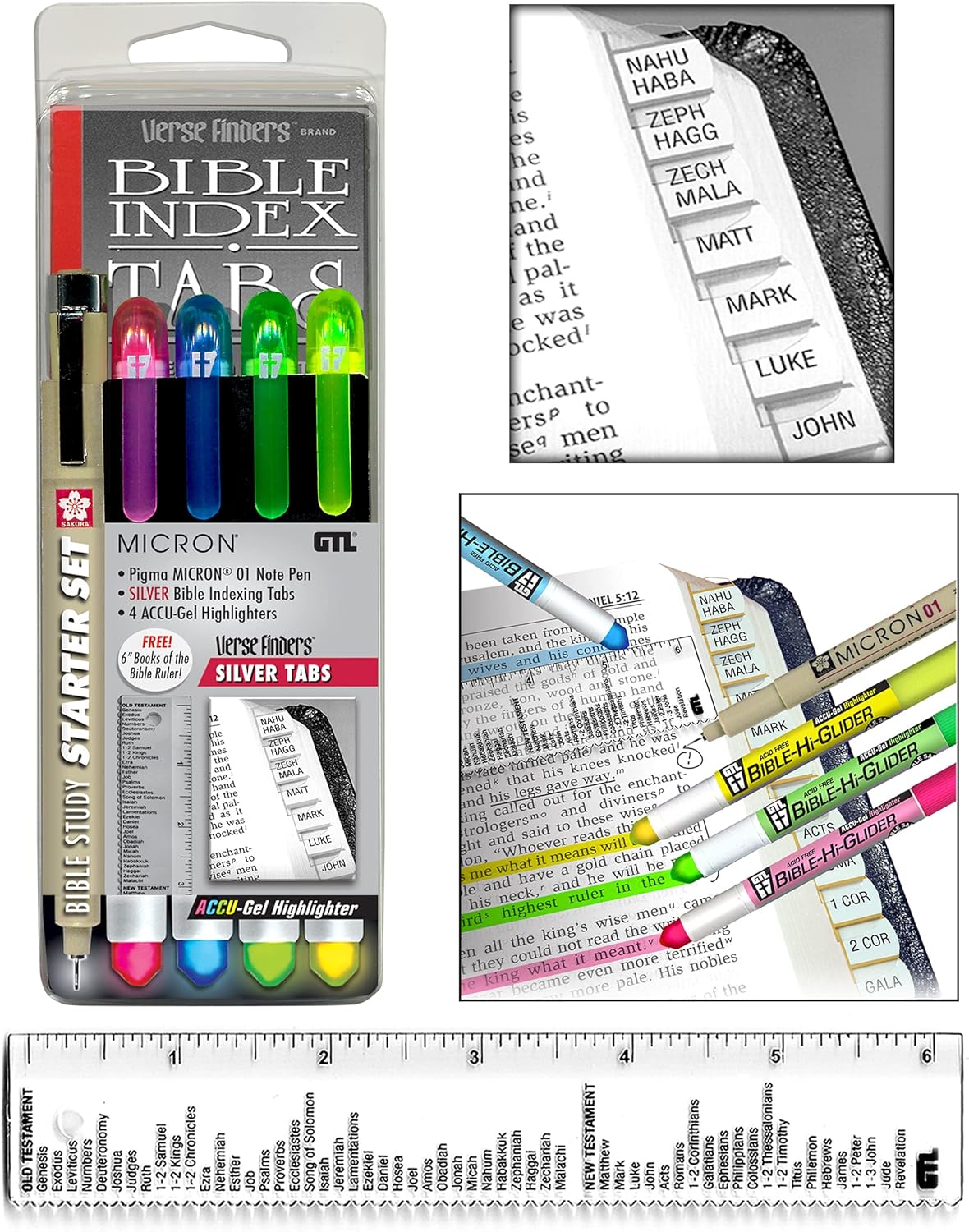 Accu-Gel & Pigma Micron Bible Study Starter Sets with Silver Verse Finder Bible Tabs