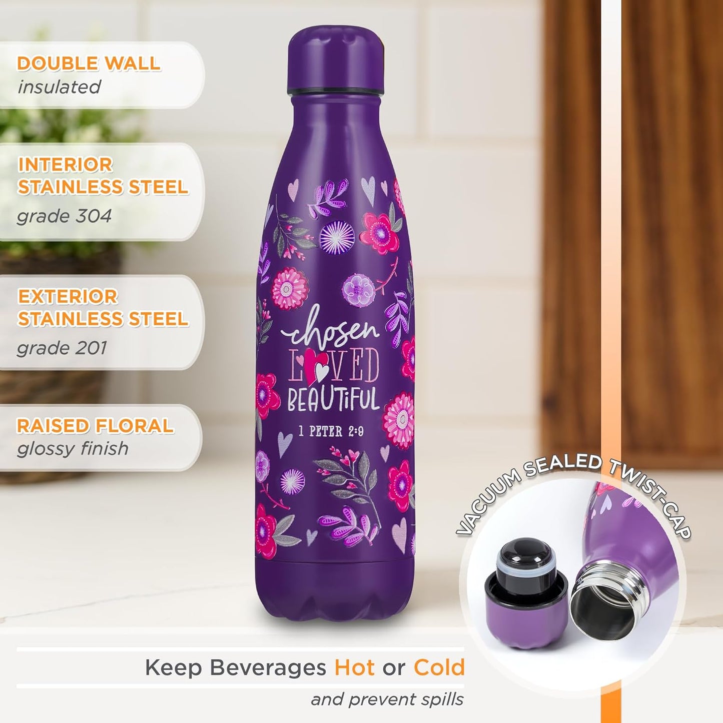Chosen Loved Beautiful Purple Stainless Steel Water Bottle - 1 Peter 2:9