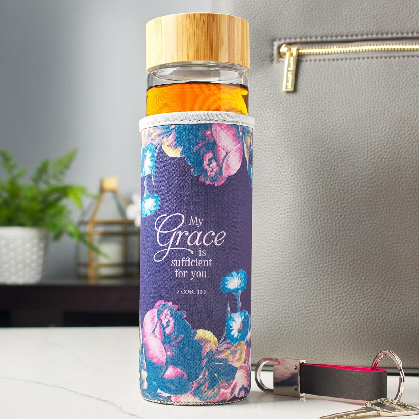 My Grace is Sufficient for You - 2 Corinthians 12:9 - Reusable Glass Water Bottle with Bamboo Twist Cap Lid and Insulating Sleeve 17 oz. Water Bottle for Travel and Cold Beverages